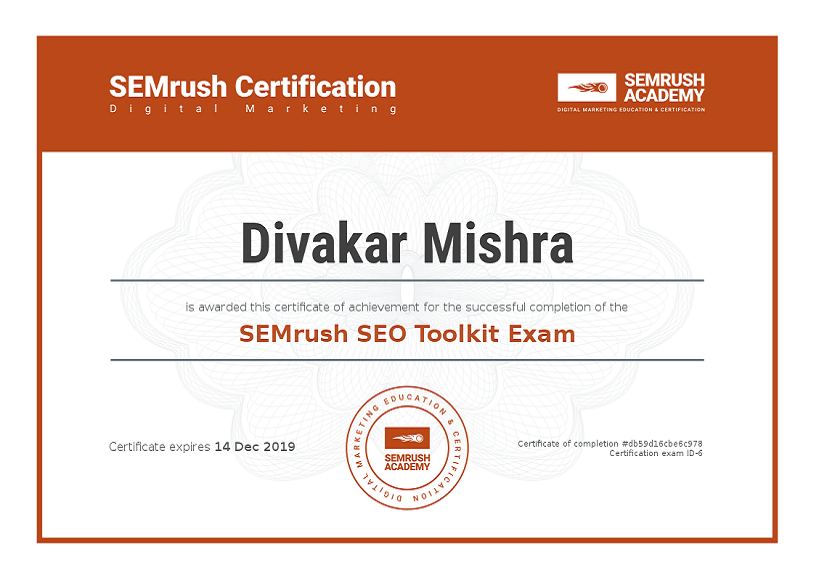 SEMrush SEO Toolkit Exam Divakar Mishra