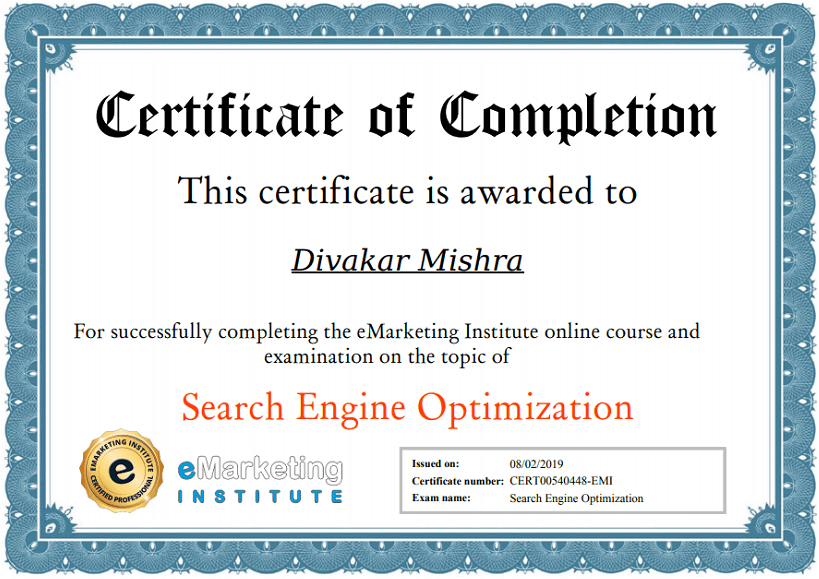 eMarketing Institute SEO Certification Divakar Mishra